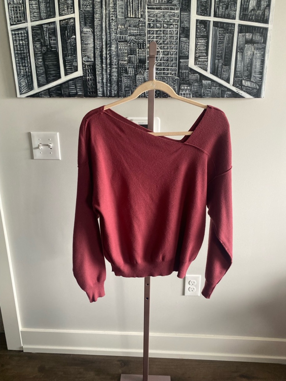 Line & Dot Asymmetrical Sweater Burgundy Maroon XS